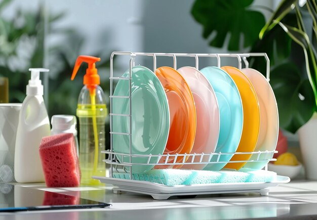 Zdjęcie stojaka na naczynia z czystymi białymi i kolorowymi talerzami do jedzenia lub kolacji