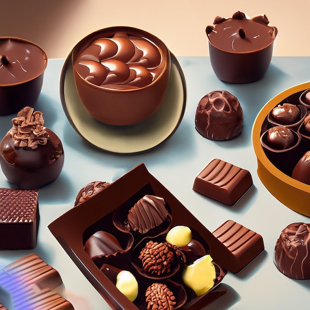 Zdjęcie stołu pełnego czekoladek i miski czekoladek