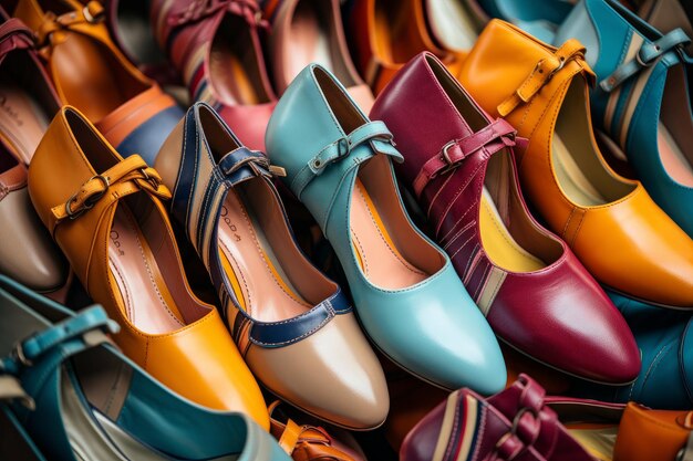 Zdjęcie stosu kolorowych i modnych butów kobiecych Generatywna sztuczna inteligencja