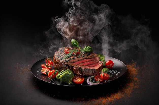 Zdjęcie studyjne produktu stek wołowy ciemne czarne tło Sałatka ze świeżych pomidorów z cebulą Generatywna ilustracja AI