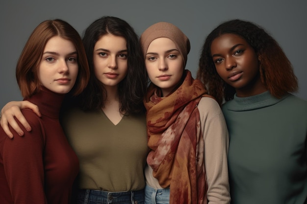 Zdjęcie stworzone za pomocą sztucznej inteligencji kilku dziewcząt różnych narodowości na szarym tle z różnymi sukienkami Koncepcja równości społecznej i włączenia
