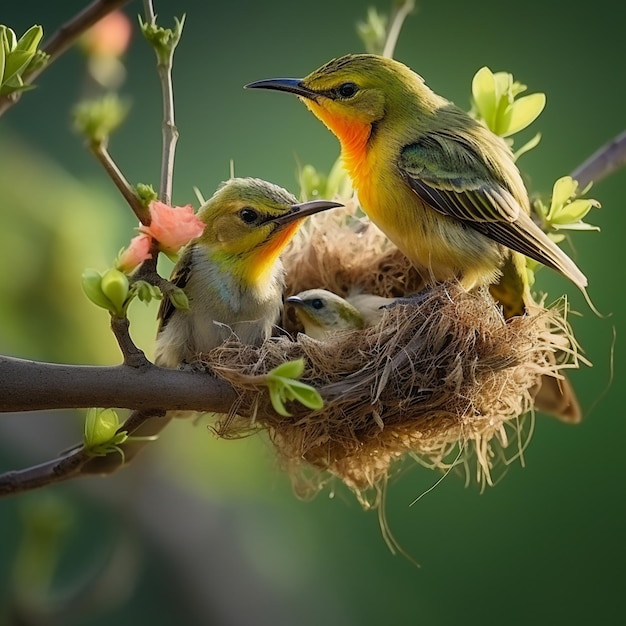 zdjęcie sunbird nectarinia jugularis samiec karmiący nowo narodzone pisklęta na gałęzi