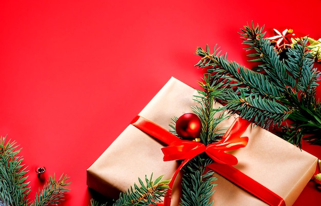 Zdjęcie świąteczne tło ozdobione świątecznymi prezentami i gałęziami jodły na czerwonym tle
