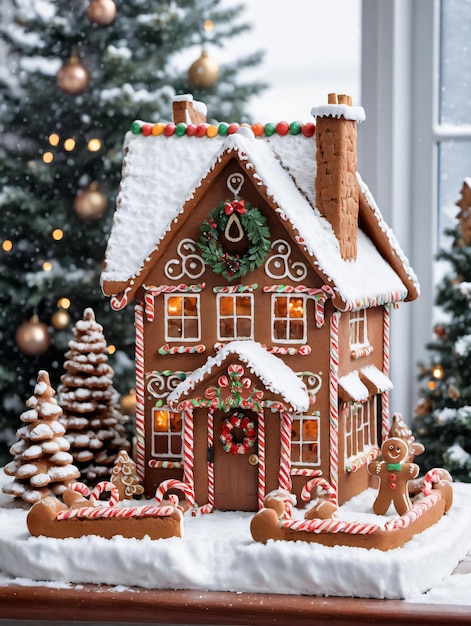 Zdjęcie świątecznego domku z piernika z wieńcem na drzwiach i zaśnieżonym dachem