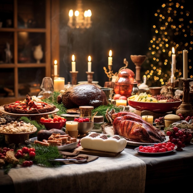 Zdjęcie świątecznego stołu z jedzeniem i piciem na świątecznym tle