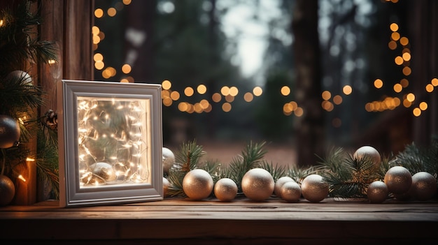 Zdjęcie świątecznych świateł żarówek i liści sosny
