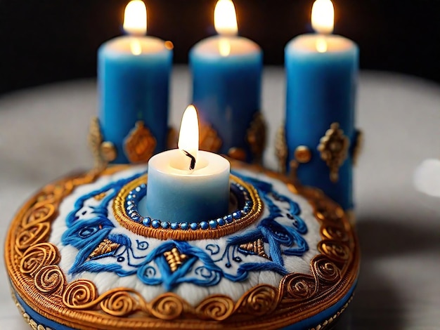Zdjęcie świec Hanukkah, broderia, makro sesja zdjęciowa.