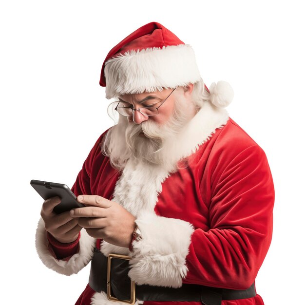 Zdjęcie Świętego Mikołaja patrzącego na swój telefon z smutnym wyrazem twarzy