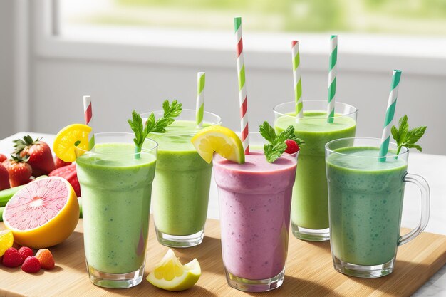 Zdjęcie świeżych owoców i warzyw smoothie na kuchennym stole w szkle