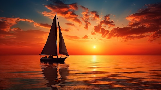 Zdjęcie zdjęcie sylwetki łodzi żaglowej o zachodzie słońca