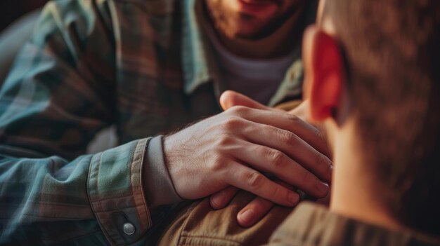 Zdjęcie zdjęcie sympatycznego młodego mężczyzny zapewniającego pociechę swojemu przyjacielowi lub jednemu z uczestników doświadczającego zespołu posttraumatycznego z powodu znacząco bolesnego wydarzenia życiowego