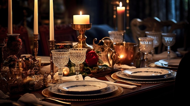 Zdjęcie szczegółowego zdjęcia stołu przy świecach z eleganckimi naczyniami