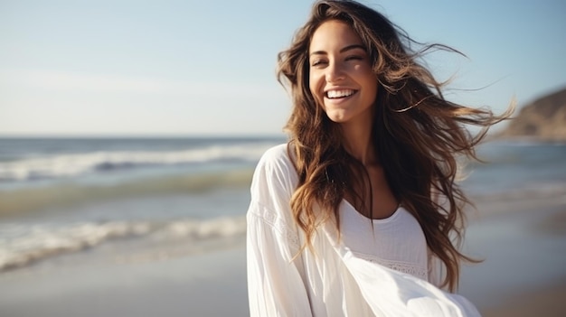Zdjęcie Szczęśliwa uśmiechnięta piękna kobieta na brzegu oceanu w białej letniej sukience