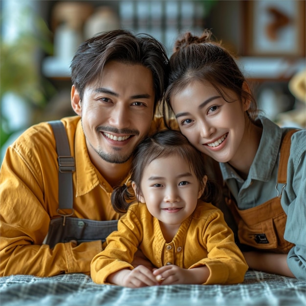 Zdjęcie: Szczęśliwa wietnamska rodzina azjatycka w pastelowo żółtym płótnie reklamowym