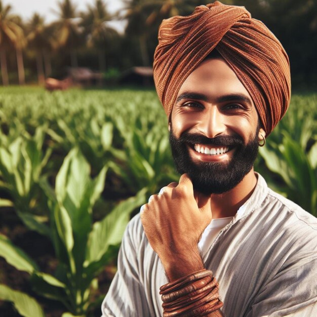 Zdjęcie zdjęcie szczęśliwego indyjskiego rolnika na zielonym polu rolniczym kurkumy