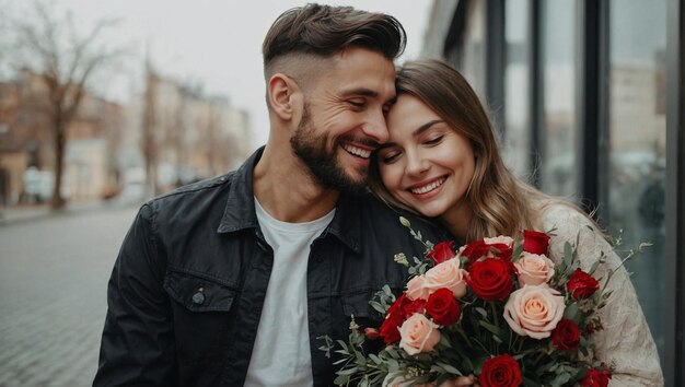 Zdjęcie szczęśliwej pary uśmiechającej się z bukietem kwiatów, prezentem rocznicy