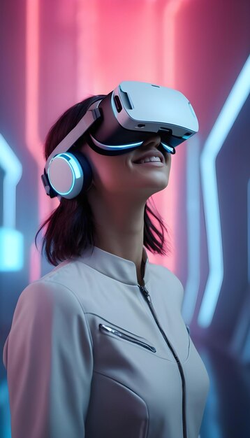 Zdjęcie szczęśliwej przyszłej kobiety z headsetem VR na retro tech neonowym tle