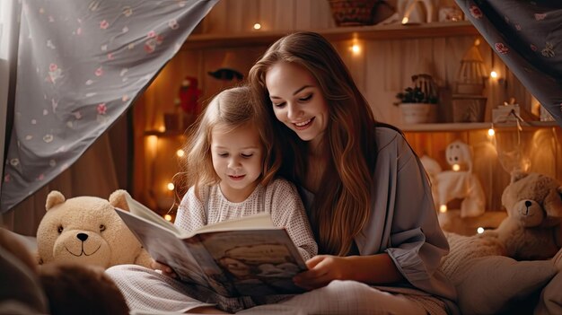 zdjęcie szczęśliwej rodziny, matka i córka czytają książkę w ciągu dnia w domu