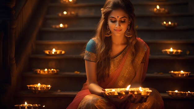 Zdjęcie szczęśliwych lamp Diwali z gliny Diya Diwali Hinduski festiwal ze świętowaniem świateł