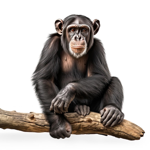 Zdjęcie szympansa siedzącego na gałęziach drzew wygenerowane przez sztuczną inteligencję
