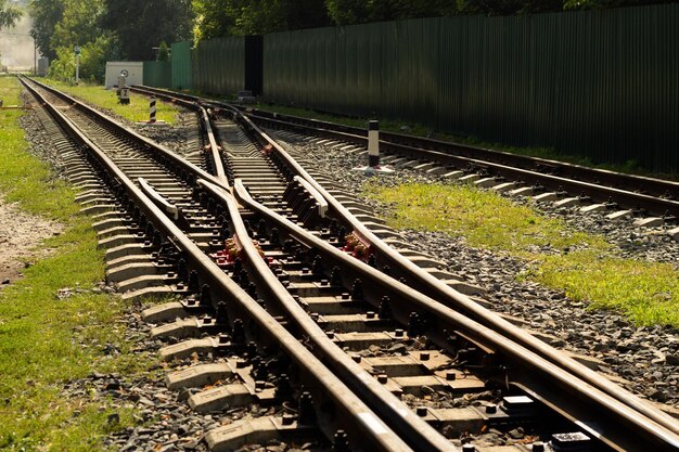 Zdjęcie szyn kolejowych wchodzących w perspektywiczne tło