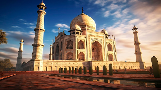 Zdjęcie Taj Mahalu z cieńami rzucanymi przez światło słoneczne na jego fasadzie
