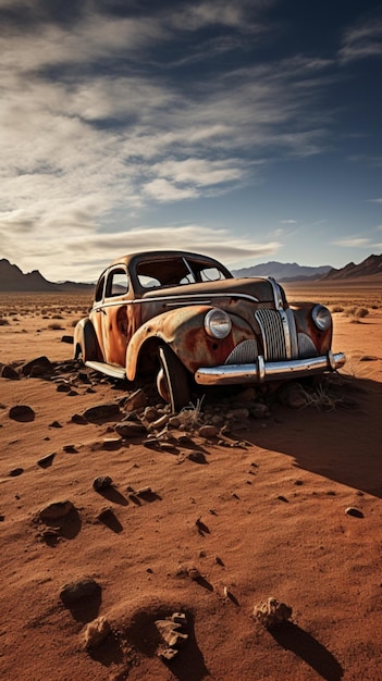 Zdjęcie Tajemnicza scena z zardzewiałym samochodem na pustyni