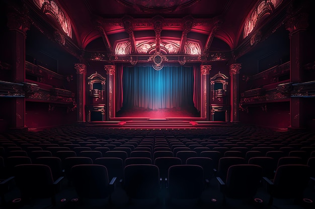 Zdjęcie teatru z czerwoną kurtyną i niebieską kurtyną.
