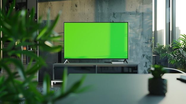 Zdjęcie telewizora z poziomym zielonym ekranem w pokoju spotkań w nowoczesnym biurze