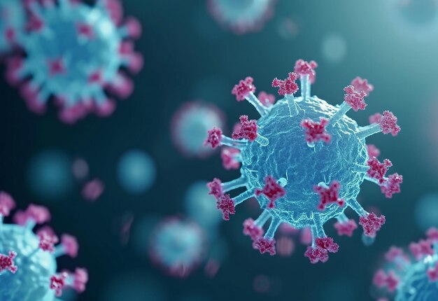 Zdjęcie tła mikroskopijnych zarazków wirusa koronowego z przestrzenią do kopiowania renderowania 3D