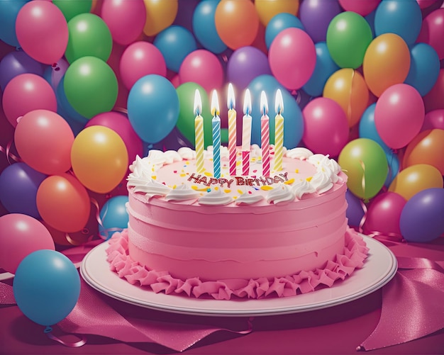 Zdjęcie tortu urodzinowego ze świeczkami i balonami
