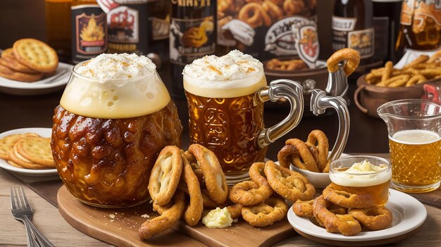 Zdjęcie zdjęcie tradycyjnego posiłku oktoberfest z preclami, wędzoną golonką i eisbeinem