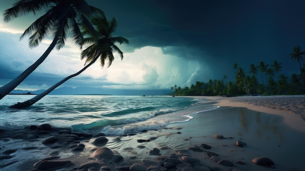 Zdjęcie tropikalnej plaży podczas burzy monsunowej ciemnego i burzliwego nieba
