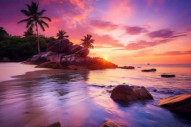 Zdjęcie tropikalnej wyspy z spokojnym widokiem na zachód słońca