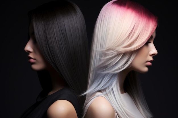 zdjęcie trzech kobiet z długimi włosami i różowym światłem.