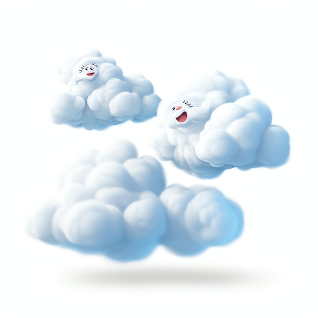 Zdjęcie zdjęcie trzech oddzielnych puszystych latających chmur na białym tle w stylu pixar