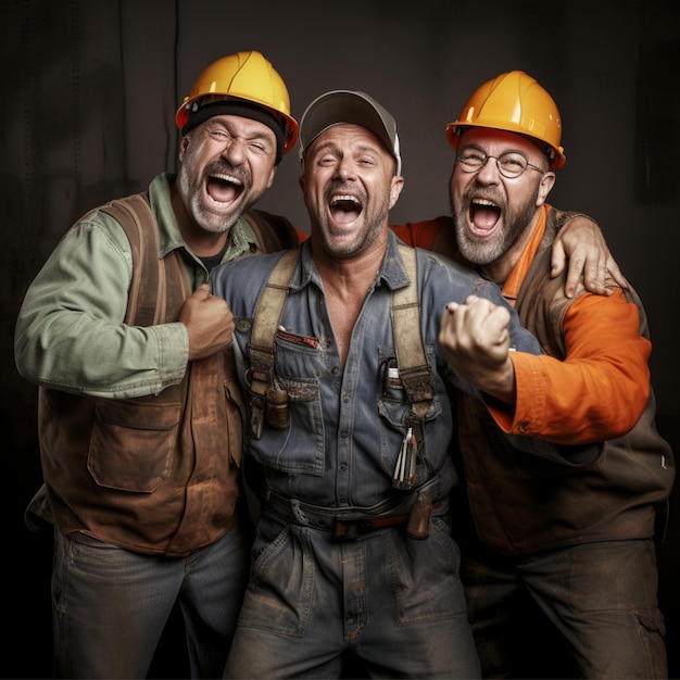zdjęcie trzech robotników w różnych pozycjach używających kompletnych atrybutów z wyrazami pełnymi entuzjazmu
