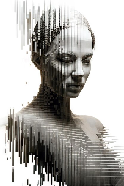 Zdjęcie twarzy kobiety generowanej przez sztuczną inteligencję z skomplikowanymi liniami i wzorami technologii dużych danych
