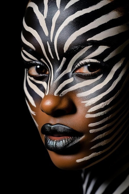 Zdjęcie twarzy kobiety pomalowanej paskami zebry Close Up