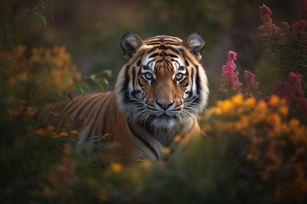 Zdjęcie tygrysa otoczonego kolorowymi tropikalnymi kwiatami w pięknym ogrodzie Dzika przyroda Zwierzęta Ilustracja Generacyjna sztuczna inteligencja