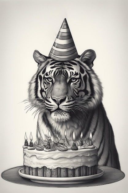 zdjęcie tygrysa z tortem urodzinowym