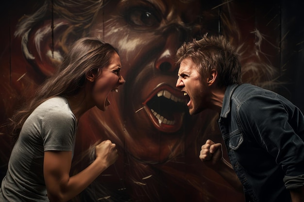 Zdjęcie uchwyci intensywne emocje, gdy mężczyzna i kobieta wymieniają gniewne słowa podczas kłótni Gener