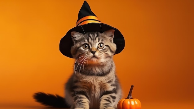 zdjęcie uroczego amerykańskiego krótkowłosego kota używającego kapelusza czarownicy na świętowanie Halloween