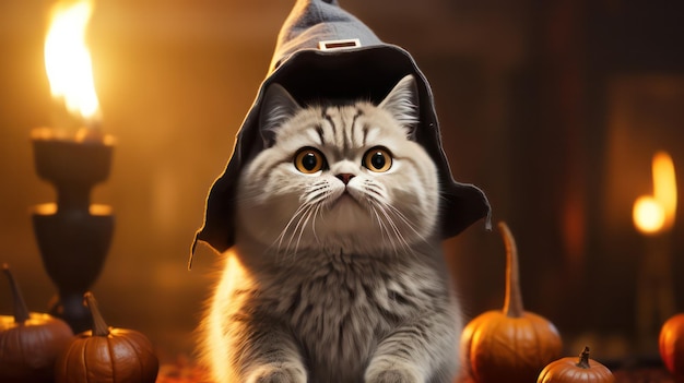 zdjęcie uroczego brytyjskiego krótkowłosego kota używającego kapelusza czarownicy na świętowanie Halloween