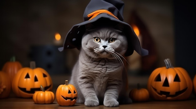 zdjęcie uroczego brytyjskiego krótkowłosego kota używającego kapelusza czarownicy na świętowanie Halloween