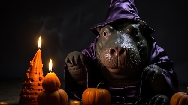 Zdjęcie zdjęcie uroczego hipopotama używającego kapelusza wiedźmy na świętowanie halloween