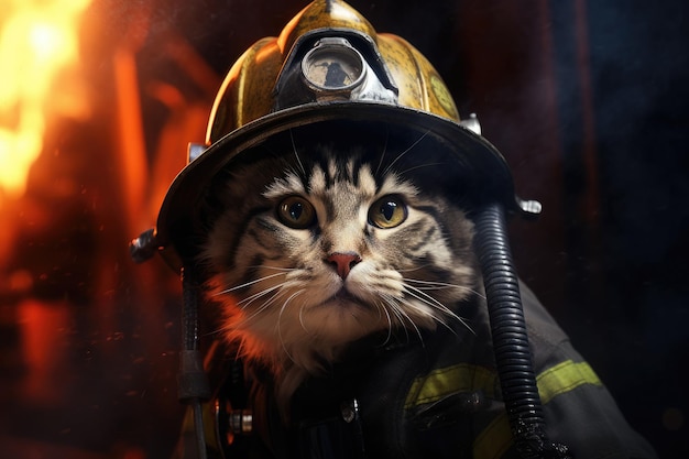 Zdjęcie uroczego kota w kostiumie strażaka wśród pożarów