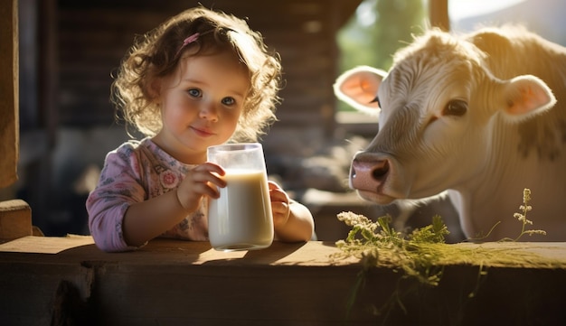 Zdjęcie uroczego małego dziecka trzymającego szklaną szklankę z mlekiem na farmie na tle c