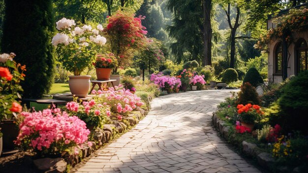 Zdjęcie uroczego ogrodu z kwitnącymi kwiatami i zielenią