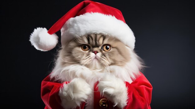 zdjęcie uroczego perskiego kota w kostiumie Świętego Mikołaja i kapeluszu na święta Bożego Narodzenia
